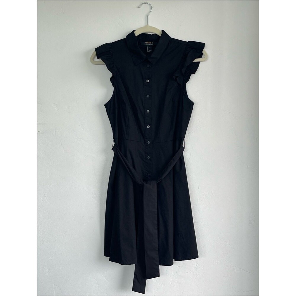 Forever 21 Black Button-Front Ruffle Sleeve Mini Dress